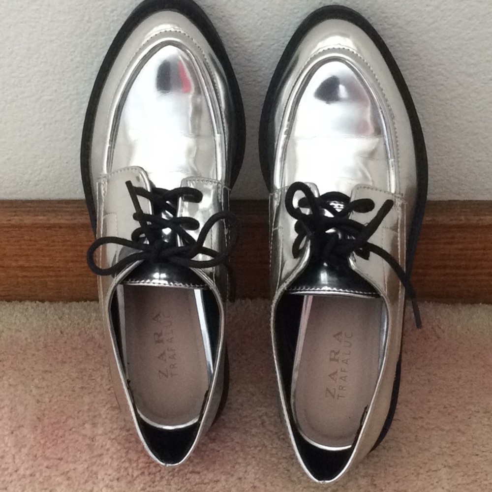 Zara metallic silver loafers.